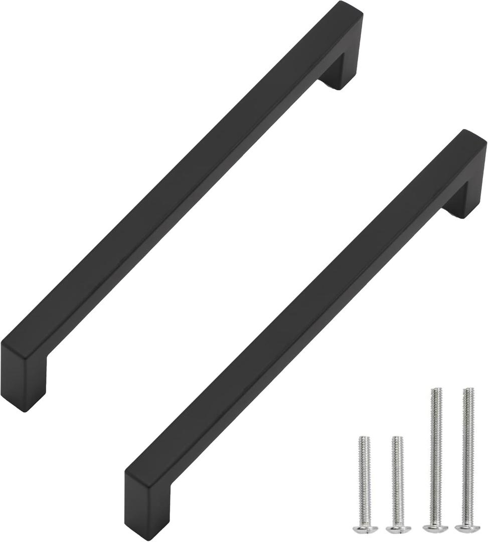 Cabinet Pulls Matte Black Cabinet Handles Square Drawer Pulls, 2 Pack 8-4/5 Inch Stainless Steel Kitchen Door Cupboard Cabinet Handles, Drawer Hardware Handles, 224mm Hole Centers