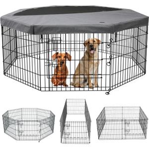 PETIME Foldable Metal Dog Exercise Pen/Pet Puppy Playpen Kennels Yard Fence Indoor/Outdoor 8 Panel 24" W x 24" H with Top Cover (with top Cover, 8 Panels 24" H)