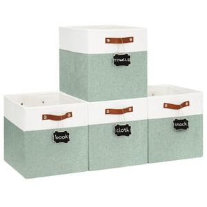 13x13 Storage Cubes 4-Pack, Large Foldable Fabric Cube Storage Bin with Reinforced Bottom and Labels, Organizer Baskets for Shelves, Closets(White/Green)