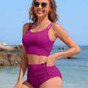 Charmo Women's High Waisted Bikini Sets Sporty Two Piece Swimsuit Ribbed Tummy Control Bathing Suit with Pockets (Pink, Large)