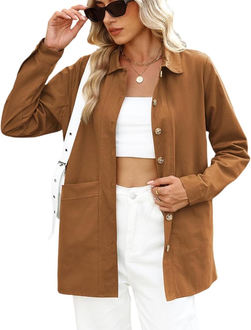 CiCiBird Women's Oversized Utility Shacket Jacket Button Down Long Sleeve Shirt Coat with Pockets 2025 Fall Fashion (Brown)