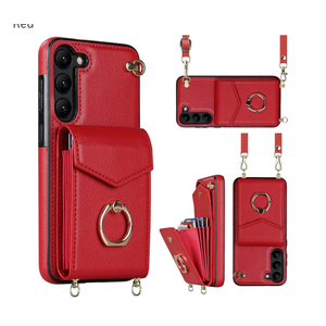 for Samsung Galaxy S23 Case 5G 6.1 inch, Minimalist Wallet Case with Ring Kickstand and Shoulder Strap, Shockproof Stylish Protective Cover for Galaxy S23 -Red