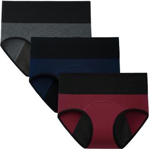 INNERSY Period Underwear for Women Leakproof High Waisted Menstrual Cotton Panties 3 Pack (X-Large, Blue/Heather Grey/Red)
