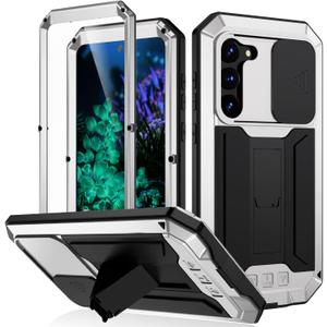 JGY Samsung S23 Plus Rugged Metal Case with Screen Protector Kickstand Camera Slide Cover for Samsung S23 Plus Full Body Military Sturdy Heavy Duty Shockproof Dorp Test Cover for Outdoor (Silver)