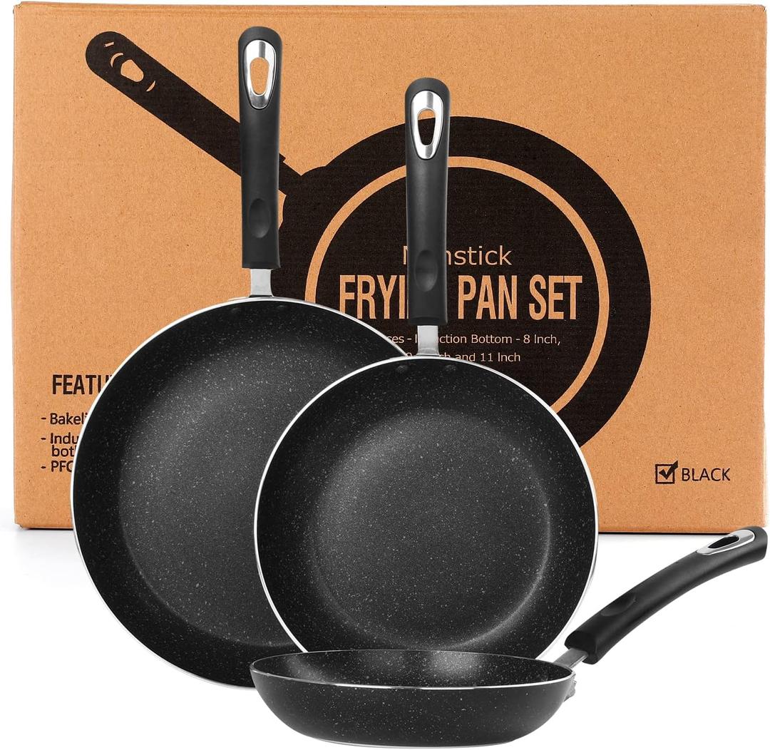 Frying Pan 3-Piece Set, Nonstick Skillet Set for Induction Cooktop, Frying Pan Nonstick 8 Inch+9.5 Inch +11 Inch (Black), 3P-BLK