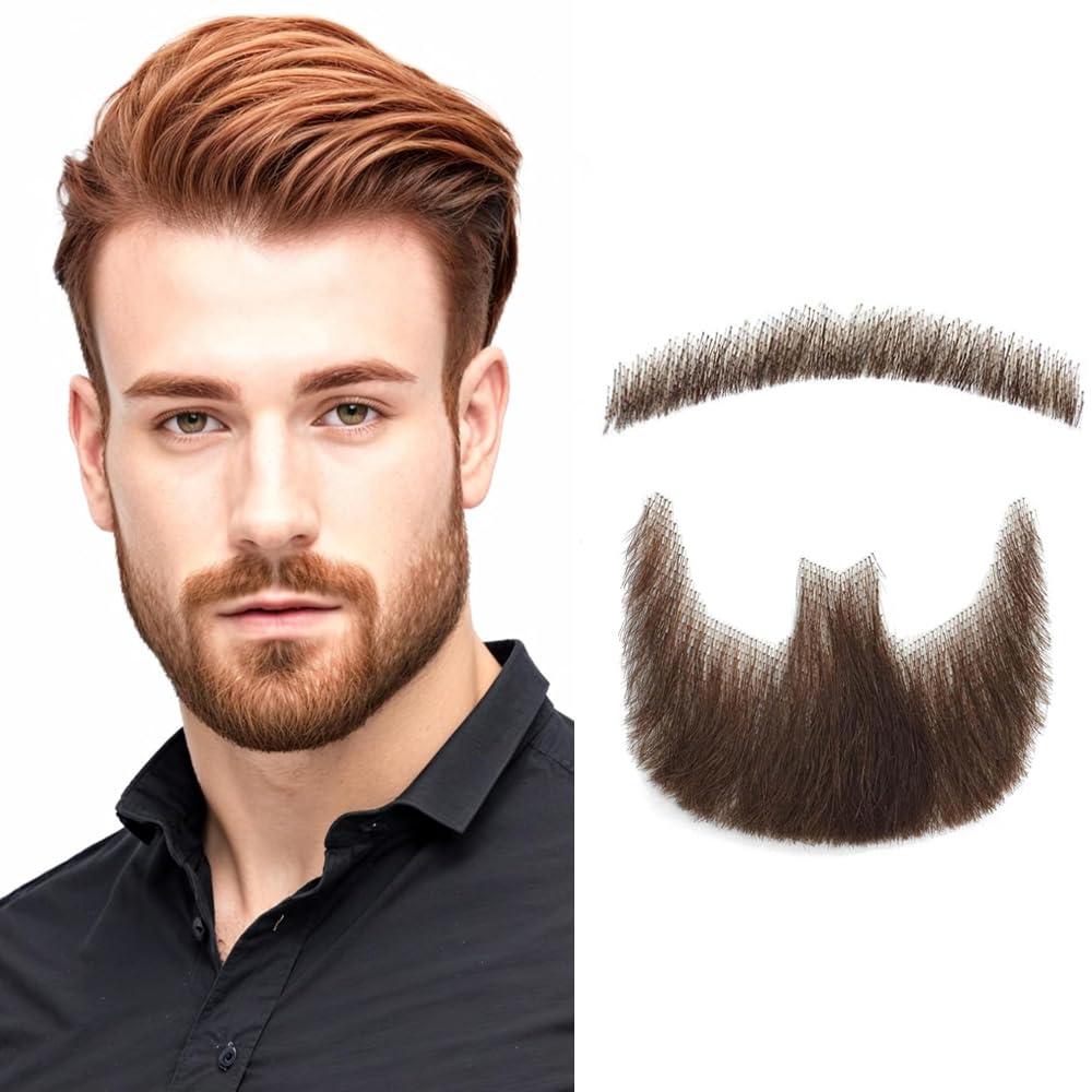 Fake Beard 100% Human Hair Costume Beard for Adults Men Full Hand Tied Goatee False Beards Lace Invisible Goatee Beards for Halloween Drama Party Movie Makeup (Brown)