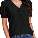 LYANER Women's Ruched Puff Sleeve V Neck Tie Knot Loose Fit Dressy Casual Blouse Shirt Top (Black, M)