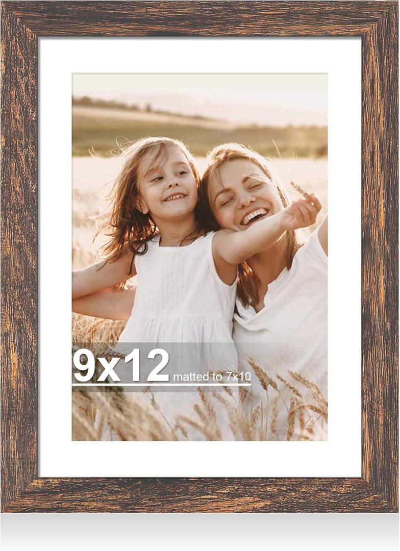 9x12 Picture Frame with Glass, Display Pictures 7x10 with Mat or 9 x 12 Without Mat - Wall and Tabletop, 9 by 12 Photo Wooden Frames (Rustic Brown, 1 Pack)