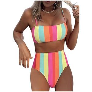 SOLY HUX Women's Bathing Suits Striped Spaghetti Strap High Waisted Bikini Sets Two Piece Swimsuit L