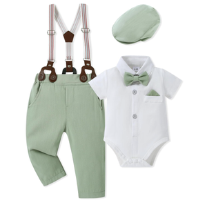 WESIDOM Baby Boy Clothes Suit 0-24M Infant Gentleman Wedding Outfit, Shirt+Bowtie+Beret+Suspender Pants Clothing Set  12-18 M