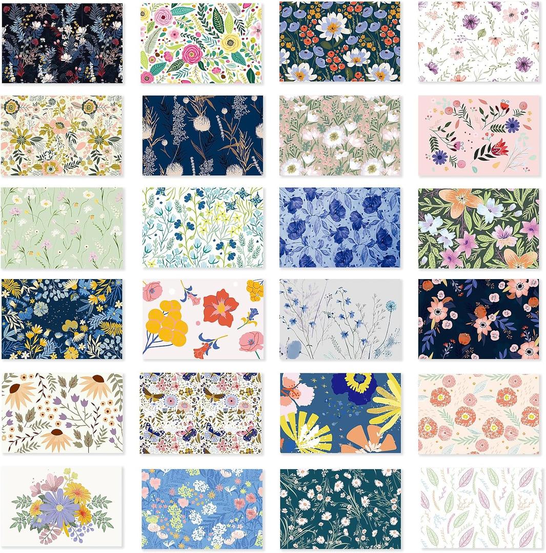 24 Pack Boxed Floral Blank Greeting Cards with Self-adhesive Envelopes For All Occasion, 24 Unique Watercolor Designs No Repeats