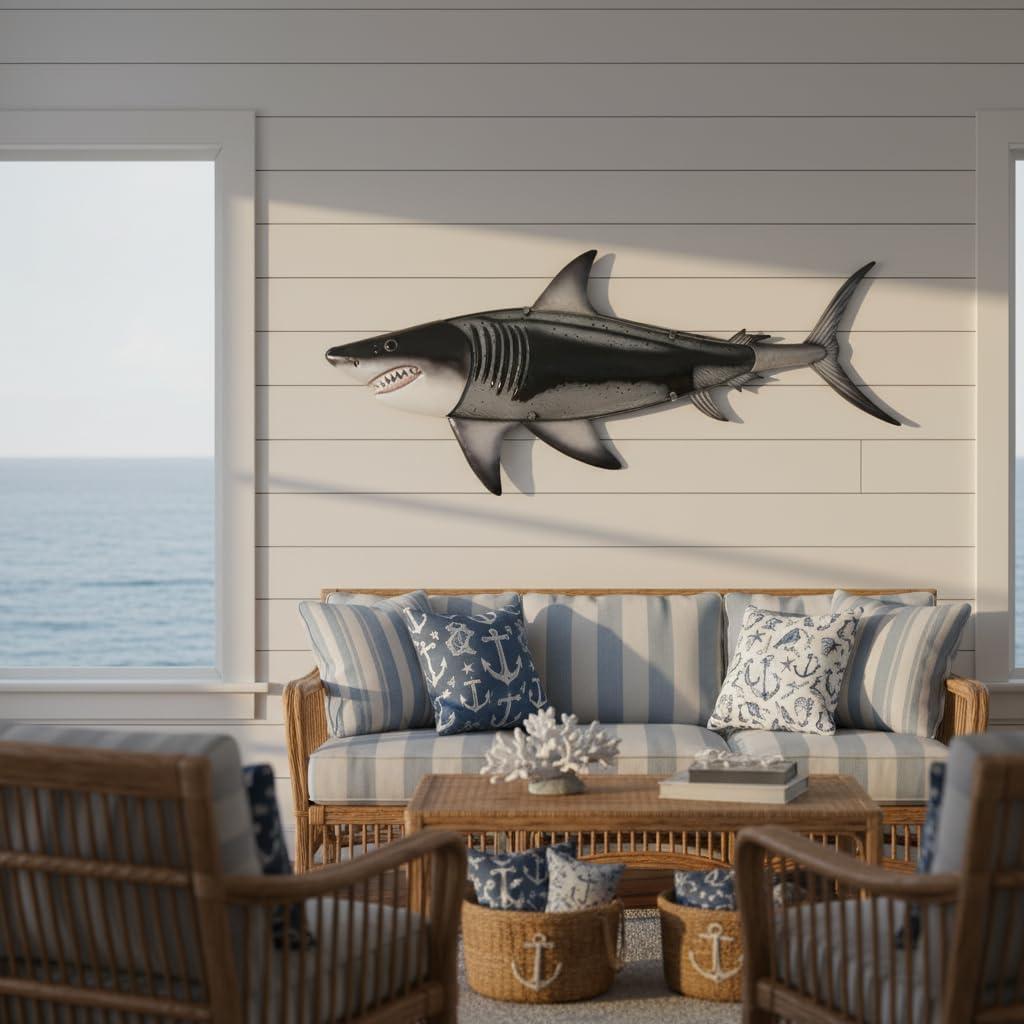 LIFFY Metal Shark Wall Decor, 36 Inch Large Fish Wall Art with Glass Accents, Hanging Ocean Theme Artworks Sculpture Decorations for Indoor Outdoor, Unique Nature Gift for Sharks Lover
