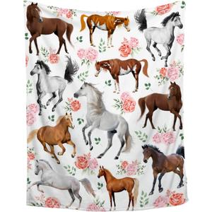Horse Gifts for Girls Women Throw Blanket - Ultra Soft & Plush, Lightweight & Cozy, Breathable Horse Flower Bed Blanket - Animal Lovers, 40"x50" - Kids/Throw Size (01 -Horse Floral2)