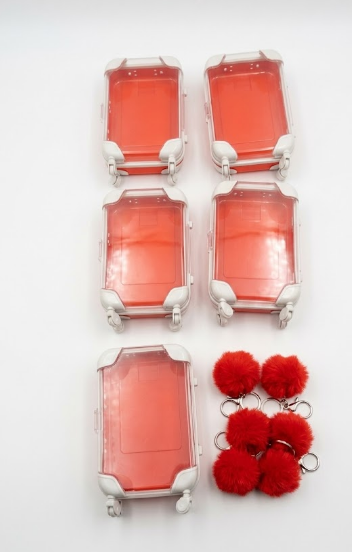 VioraWhite 5 Pcs Mini Suitcase Empty Storage Box and Plush Ball Keychain Candy Luggage Containers Packaging Case for Bridal Shower Baby Shower Party Favors Travel Gifts (Red)