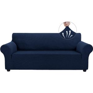 Asnomy Couch Covers for 3 Cushion Couch Stretch Sofa Covers Slipcovers, Pet Protector Furniture Covers for Dogs Cats Spandex Jacquard Fabric Small Checks Large Navy Blue
