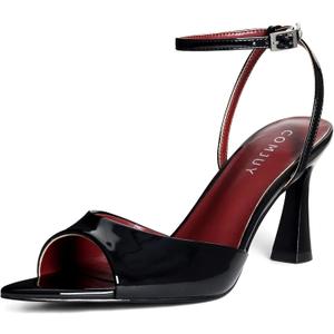 High Heels for Women Peep Pointed Toe Kitten Heeled Sandals Strappy Flared Heels Elegant Leather Sandals Comfortable Chic Summer Prom Wedding Sexy Dress Shoes Size 9.5
