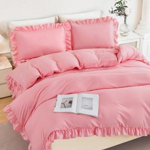 Full Size Ruffled Duvet Cover Set Pink Bedding Cover Sets for Girls 3 Pieces Vintage Country Kids Duvet Cover Sets with Ruffle Layers Decor(Pink, Full)