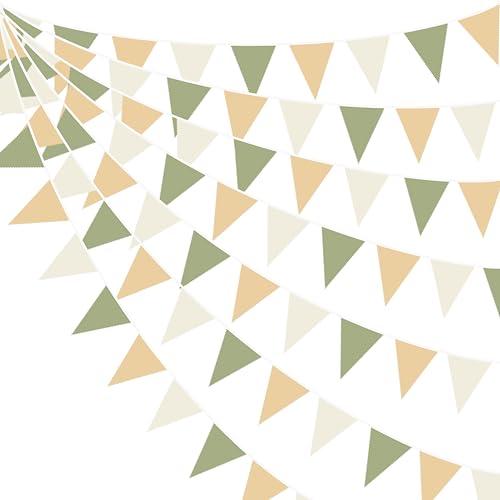 32Ft Camping Party Decorations Olive Green Tan Brown Cream Neutral Triangle Flag Fabric Banner Pennant Garland Streamers for Woodland Birthday Jungle Baby Shower Safari Camper Bachelorette Decor
