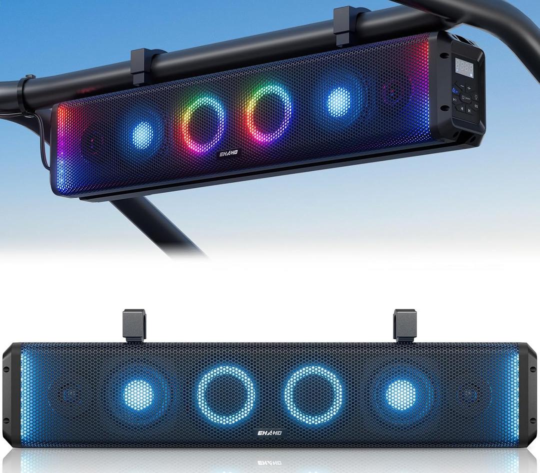 Ehaho 26 Inch 6-Speaker UTV Sound Bar with Bluetooth, RGB, IP66 Waterproof | 500W Peak Power, BT 5.4 & Auracast, Music-Sync RGB, USB/AUX, Detachable Cable, Fits 1"-2" Roll Cage for UTV Golf Cart SXS ATV