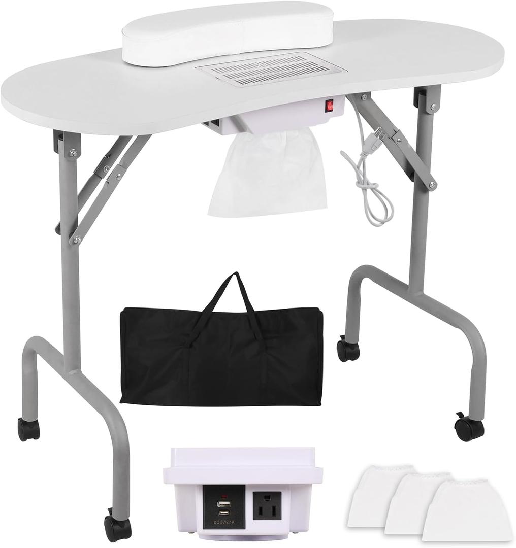 AGESISI Portable Manicure Table Nail Desk with Charging Station & Dust Collector, Foldable Nail Tech Table for Technician Spa Salon Workstation with Wrist Pad 4 Lockable Wheels, 36-inch, White