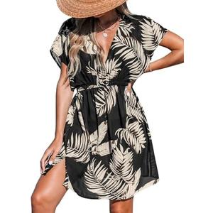 CUPSHE Women's Tropical Print V Neck Swimsuit Cover Up Dress | Lightweight Sheer Short Sleeve Beachwear, Chic Side Slit, Flowy and Breezy, Perfect for Summer Resorts or Pool Parties, Small