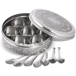 Designer Spice Container Masala Dabba, 7 Spice Jars, Holds 7 Spices, Spice Container Box, Polished Stainless Steel with 7 Serving Spoons, Indian Masala Dabba with Lid, 8 Inch