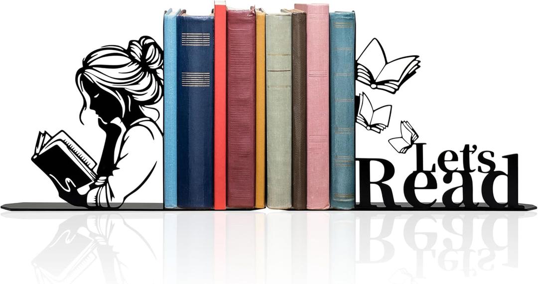 Metal Girl Reading Book BookendsLets Read Bookends for Shelves Bookshelf Decorative Objects Home Office Desk Bookshelf Decor Nice Gift for Women (Black)