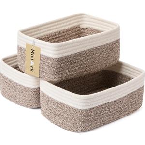 MiniArk Small Storage Baskets for Organizing | Closet Organizer Bins | Shelf Toy Basket | Woven Rope Baskets | Cube Decorative Box | Shallow Basket | 11.5x7.5x4.7” | 3 Packs White Brown