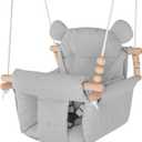 Baby Swing Indoor Outdoor,Secure Canvas Wooden Toddler Swing Seat, 3-Point Adjustable Safety Harness,Mounting Hardware Included,Gift for Boys and Girls, Grey (Gray)