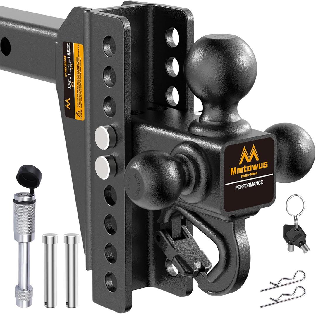 Adjustable Trailer Hitch - Drop Hitch -Tri Ball Mount with Hook (1-7/8'', 2''&2-5/16''), Fits 2-Inch Receiver, 8'' Drop/Rise 12,500 LBS GTW Tow Hitch, 3 Ball Hitches for Trucks, RV, Camper etc