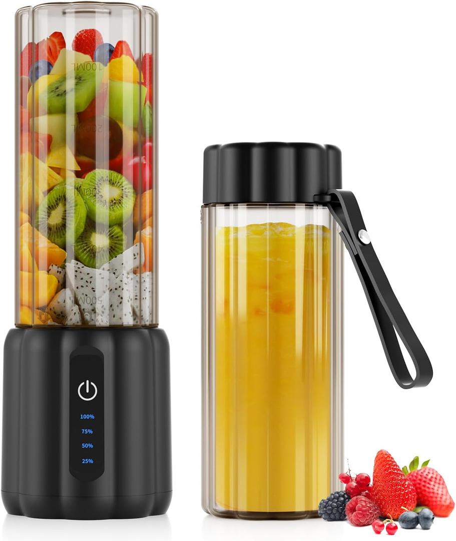 COKUNST Portable Blender - Small Smoothie & Shake Maker, 17 Oz (500ml) Personal Blender with 6 Blades, USB-C Rechargeable Mini Mixer with Extra Lid for Travel, Office, Gym (17oz, Black)