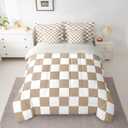 Feelyou Checkered King Comforter Set with Sheets for Kids Boys Girls Brown Plaid 7 Pieces Bedding Set Vintage Checkerboard Geometric Bed in a Bag Reversible Grey Room Decor Soft