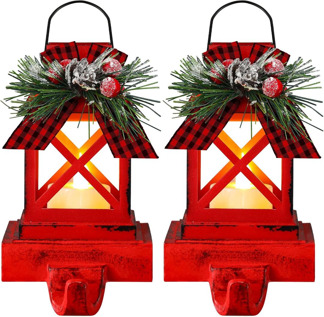 Therwen 2 Pcs Christmas Stocking Holders Lantern Christmas Stocking Hangers for Mantel Xmas Hooks Decorative Retro Light up Holders for Home Indoor Outdoor Decor(Classic,Red)