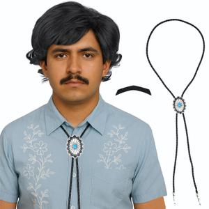 Short Black Wig for Men with Mustache and Bolo Tie for Mens Funny Costume 70s 80s Shag Cosplay Wig for Halloween Party