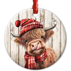 6 x Highland Cow Christmas Ceramic Ornaments - Gifts for Cow Lover - Cute Highland Cows Decor Rustic Home, Vintage Car Interior Accessories - Farmhouse Cattle Hanging Ornament