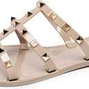 Women Flats Sandals, Studded Jelly Shoes Size 37 Red Dressy Summer Beach Rivets Strappy Jellies Slide Slip On Open Toes (Beige)