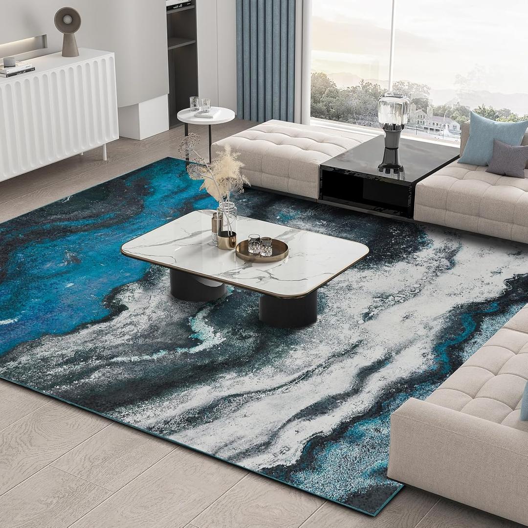 INGEROOM Washable Area Rug 8x10, Abstract Design Non Slip Low Pile Rug for Living Room Bedroom, Stain Resistant Soft Blue Area Rug
