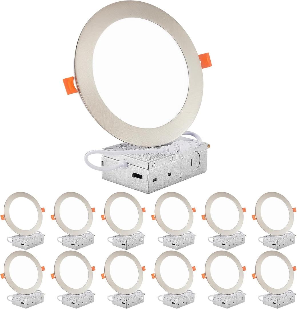DLLT LED Recessed Ceiling Lights: 12 Pack 6 Inch 5CCT Ultra-Thin Lighting with Junction Box for Bedroom - 1200LM Brightness 12W Eqv 110W Dimmable Canless Wafer Downlight with ETL&FCC-Nickel Brush