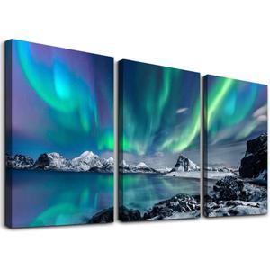 Farmhouse Canvas Wall Art for Bedroom, Living Room, Office - Aurora Scenery Painting on Stretched and Framed Pictures - 3 Piece Ready to Hang for Bathroom Home Decor