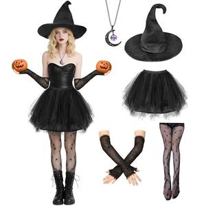 Halloween Witch Costume Women Set Black Tutu Skirt with Witch Hat Necklace Golves Stocks for Adult Halloween Cosplay Party, STD, S
