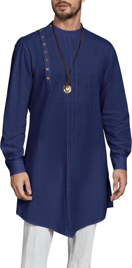 Gafeng Mens Kaftan Thobe Long Sleeve Robe Gown Casual Cotton Linen Button Muslim Shirt (Medium, Navy)