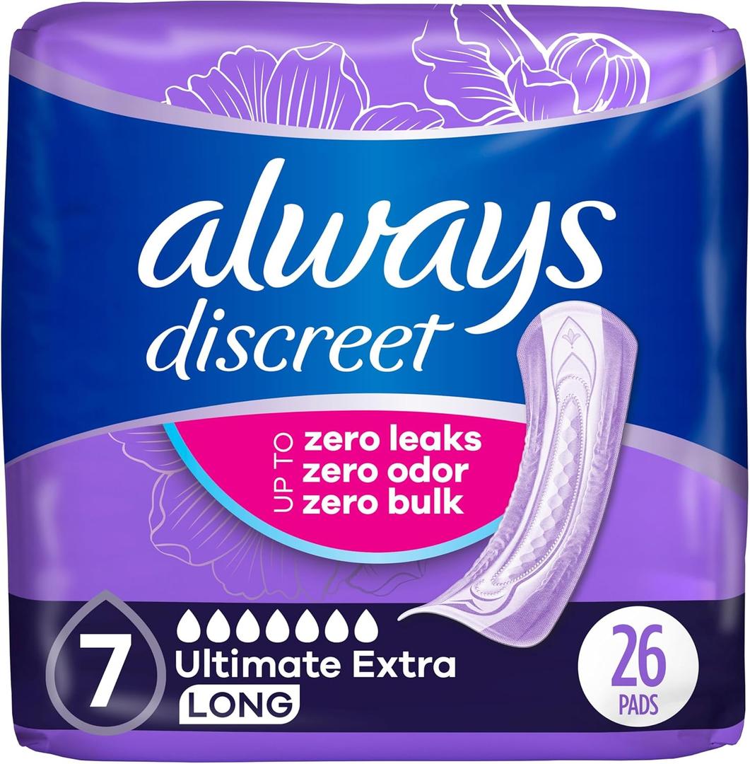 Always Discreet Adult Incontinence Pads for Women, Ultimate Extra Absorbency, Long Length, Postpartum Pads, Up to 100% Bladder Leak Protection, 26 Count
