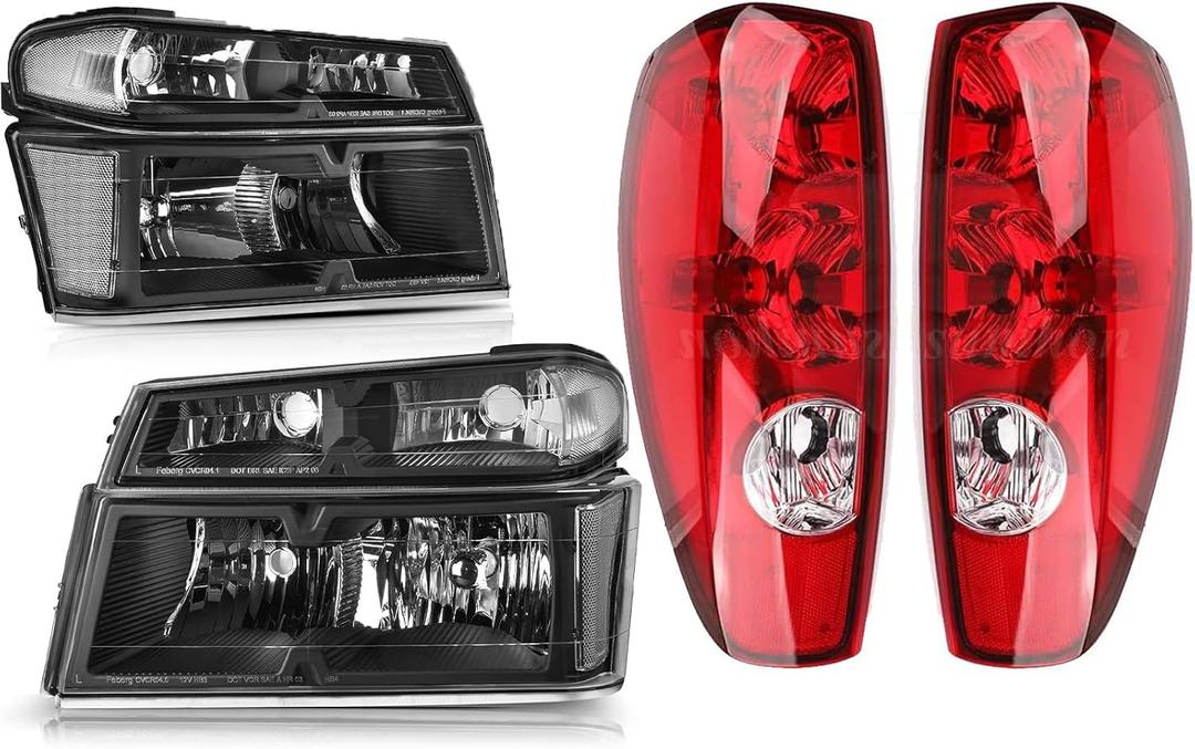Black Tail Light Assembly & Headlights Combo for 2004 2005 2006 2007 2008 2009 2010 2011 2012 Chevy Colorado GMC Canyon Replacement Head Rear Brake Tail Lights Lamps, OE Style, Clear Lens