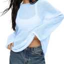Cioatin Women Oversized Long Sleeve Sheer Mesh Knit Sweater Tops Y2K Summer Loose Hollow Out Pullover Jumper Shirt Beach Sky Blue, Small (Blue)