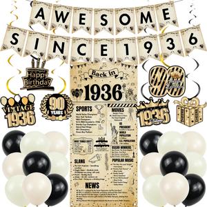90th Birthday Decorations Supplies Men - 27 Pcs Retro Newspaper Theme Awesome Since 1936 Letter Banner Hanging Swirls Latex Balloons Backdrop for Men Women 90 Years Old Happy Birthday Party Decor