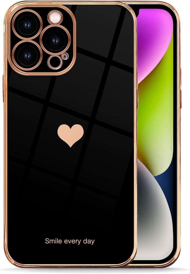 for iPhone 14 Pro Max Case - Cute Love Heart Luxury Plating, Soft Bling Back Cover, Raised Full Camera Protection, Bumper Silicone Shockproof Phone Case for Women Girls (Black)