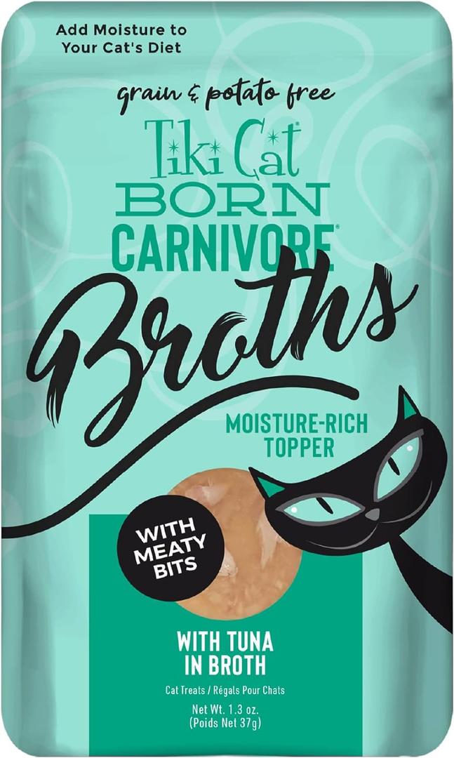 Tiki Cat Born Carnivore Broths, Tuna Recipe, Hydration and Flavor Supplement Cat Food Topper, 1.3 oz. Pouch (Pack of 12), Best By: 03/25/2027