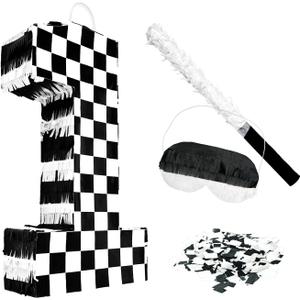 Checkered Number 1 Pinata with Stick and Blindfold Black and White Race Car Pinata for Kids 1st Birthday Anniversary Racing Car Party Supplies