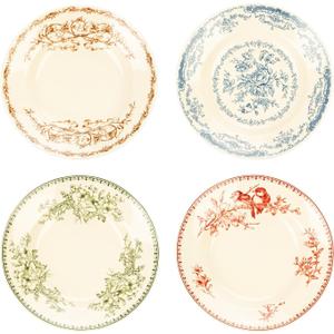 Dinner Plates, Ceramic Plates Set of 4, Round Plates Set, Floral Dessert Plate, Porcelain, Dishwasher Safe