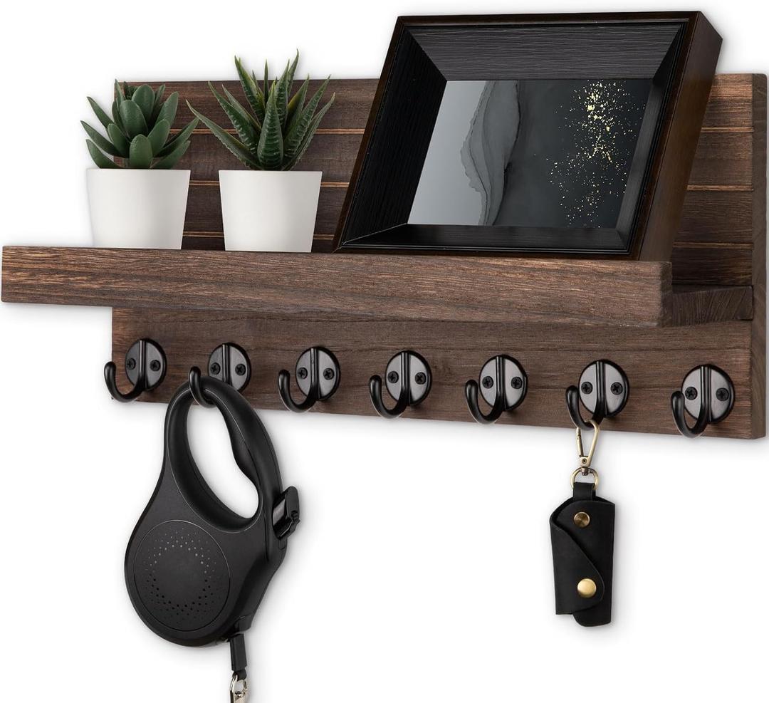 Lwenki Key Holder Wall Mount, Entryway Key and Mail Holder with 7 Sturdy Hooks for Sunglasses, Dog Leash, Decorative Wall Shelf with Mounting Hardware, 15W x 6.7H x 4.2D (Brown)